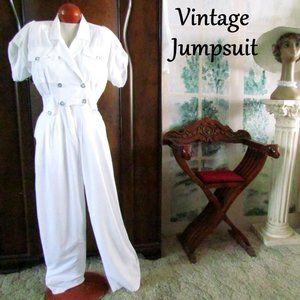 VINTAGE JUMPSUIT 1970s-1980s, S-M, Bust: 36-38" WHITE COTTON w POCKETS, BUTTONS